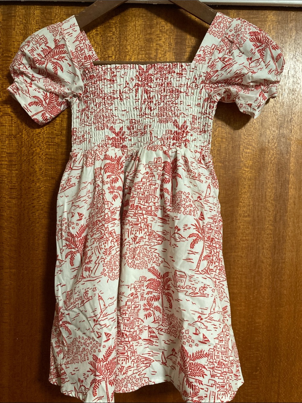 Smocked Puff-Sleeve Girls' Red Toile Casual Dress